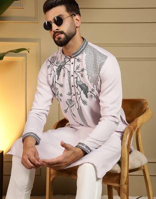 Pink sequence floral viscose silk kurta pyjama set for men | designer kurta for men 4