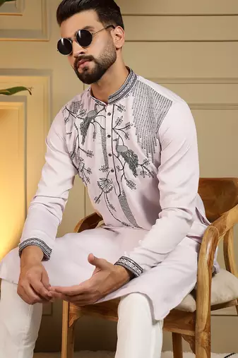 Pink sequence floral viscose silk kurta pyjama set for men | designer kurta for men