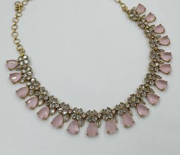 Baby pink ad stone & agate stone necklace set with earrings, antique gold plated 4