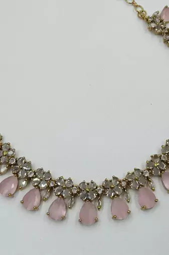 Baby pink ad stone & agate stone necklace set with earrings, antique gold plated