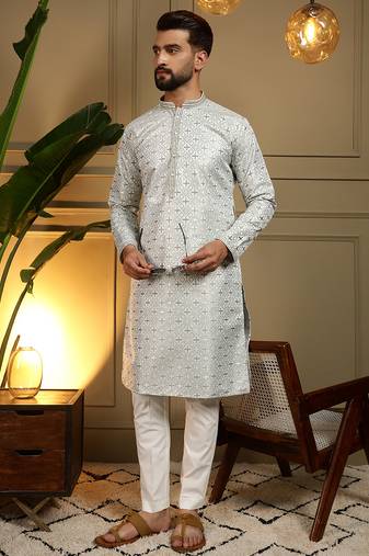 Green geometric jacquard silk kurta pyjama set for men | designer kurta for men