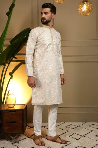 Yellow geometric jacquard silk kurta pyjama set for men | designer kurta for men