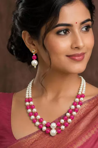 Rani color necklace set with earrings, moti & agate stone, gold plated