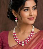 Rani color necklace set with earrings, moti & agate stone, gold plated