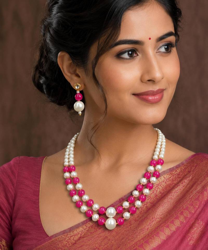 Rani color necklace set with earrings, moti & agate stone, gold plated