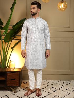 Grey geometric jacquard silk kurta pyjama set for men | designer kurta for men 1