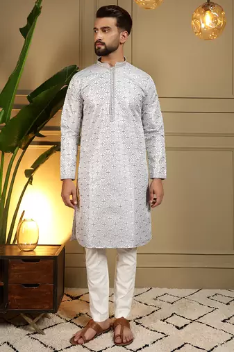 Grey geometric jacquard silk kurta pyjama set for men | designer kurta for men