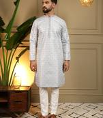 Grey geometric jacquard silk kurta pyjama set for men | designer kurta for men