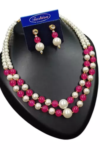 Rani color necklace set with earrings, moti & agate stone, gold plated