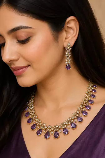 Purple ad stone & agate stone necklace set with earrings, antique gold plated