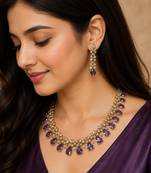 Purple ad stone & agate stone necklace set with earrings, antique gold plated