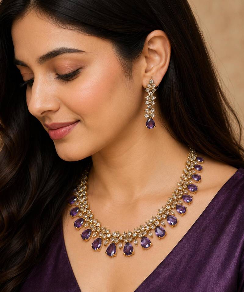 Purple ad stone & agate stone necklace set with earrings, antique gold plated