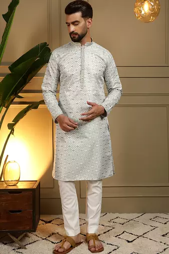 Green geometric jacquard silk kurta pyjama set for men | designer kurta for men