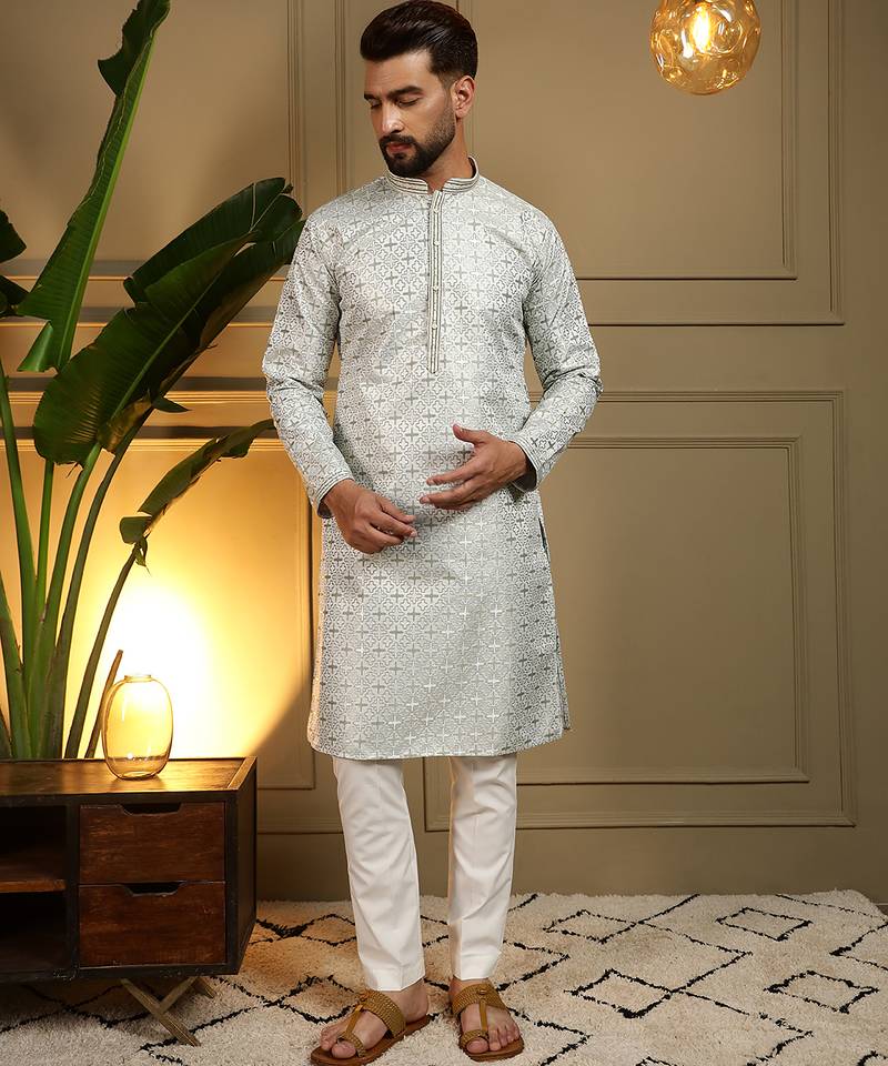 Green geometric jacquard silk kurta pyjama set for men | designer kurta for men