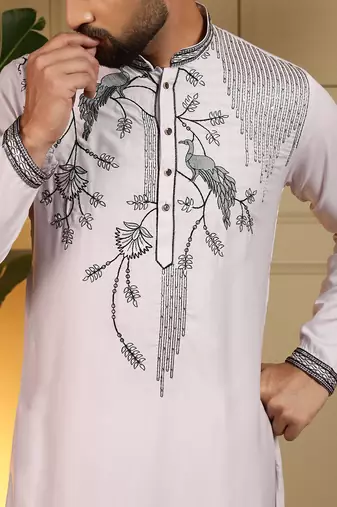 Pink sequence floral viscose silk kurta pyjama set for men | designer kurta for men