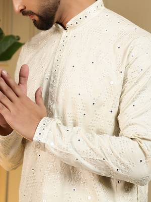 White sequence floral silk kurta pyjama set for men | designer kurta for men 5