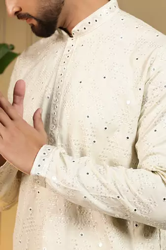 White sequence floral silk kurta pyjama set for men | designer kurta for men