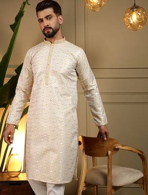 Yellow geometric jacquard silk kurta pyjama set for men | designer kurta for men 4