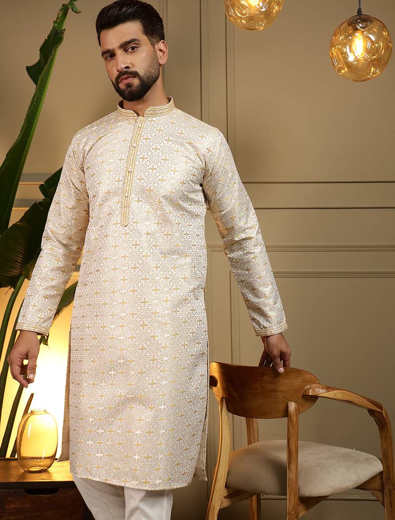 Yellow geometric jacquard silk kurta pyjama set for men | designer kurta for men