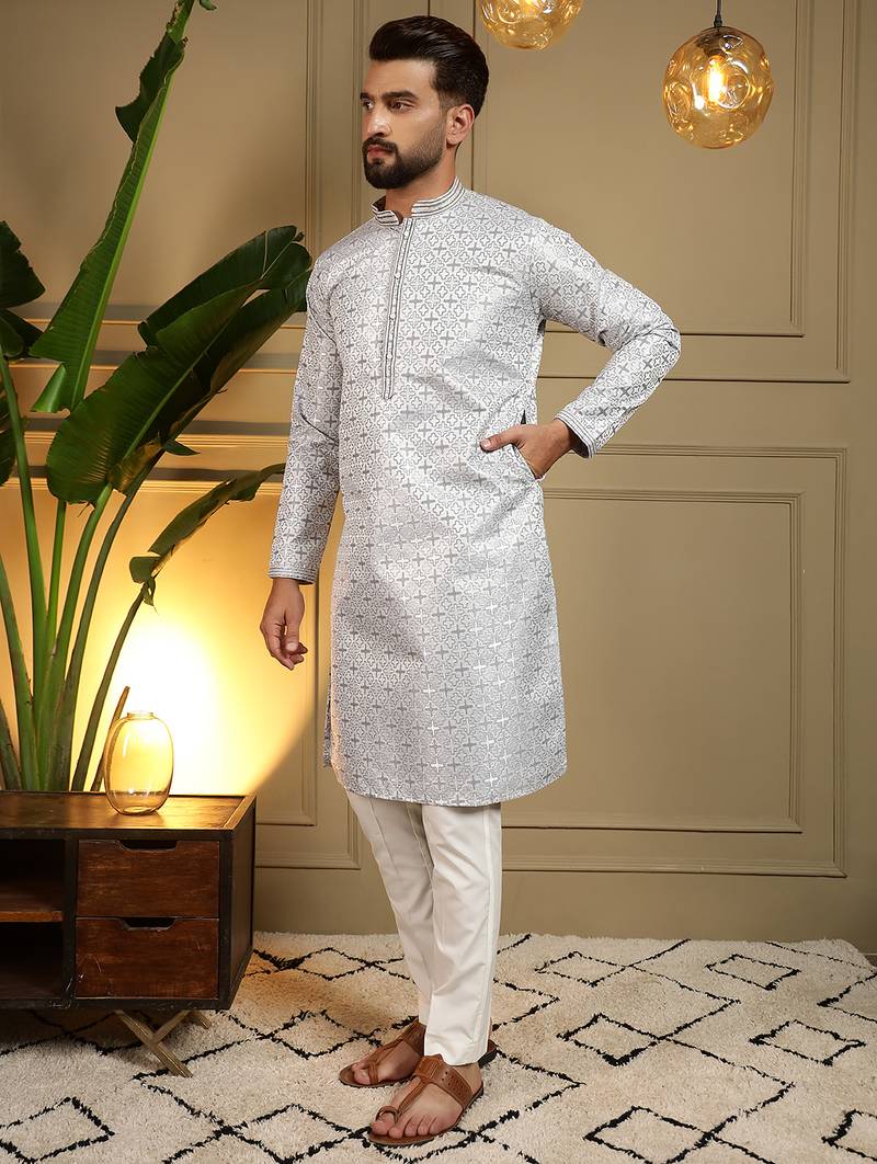 Grey geometric jacquard silk kurta pyjama set for men | designer kurta for men