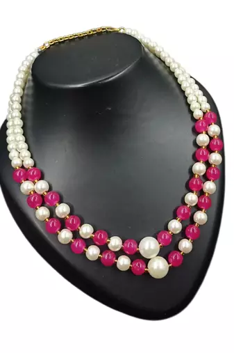 Rani color necklace set with earrings, moti & agate stone, gold plated