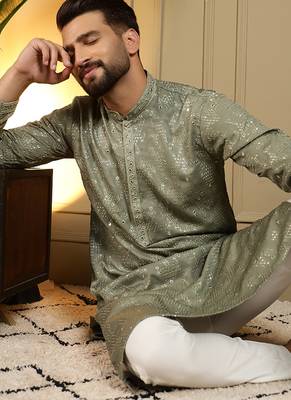 Green sequence floral silk kurta pyjama set for men | designer kurta for men 3