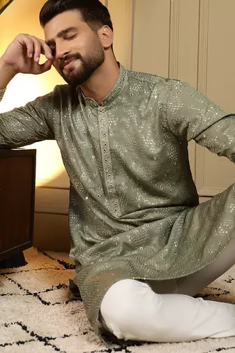 Green sequence floral silk kurta pyjama set for men | designer kurta for men