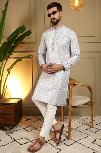 Grey geometric jacquard silk kurta pyjama set for men | designer kurta for men