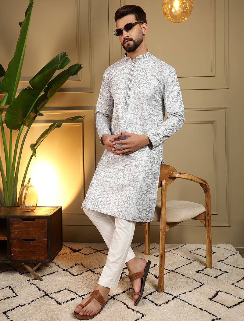Grey geometric jacquard silk kurta pyjama set for men | designer kurta for men
