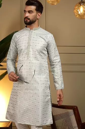 Green geometric jacquard silk kurta pyjama set for men | designer kurta for men