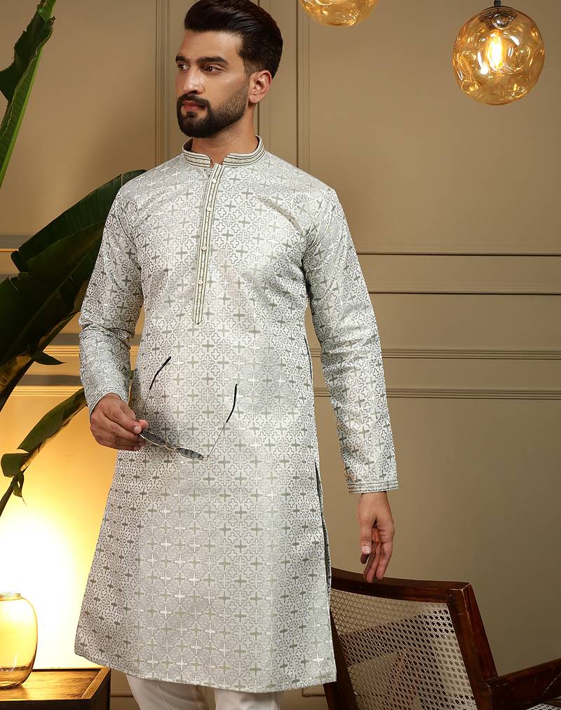 Green geometric jacquard silk kurta pyjama set for men | designer kurta for men