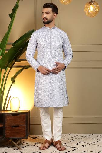 Blue geometric jacquard silk kurta pyjama set for men | designer kurta for men