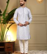 Blue geometric jacquard silk kurta pyjama set for men | designer kurta for men