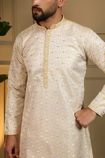 Yellow geometric jacquard silk kurta pyjama set for men | designer kurta for men