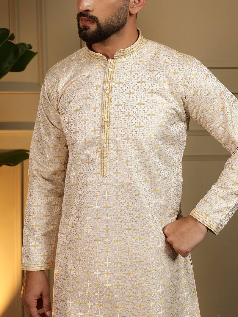 Yellow geometric jacquard silk kurta pyjama set for men | designer kurta for men