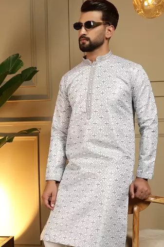 Grey geometric jacquard silk kurta pyjama set for men | designer kurta for men