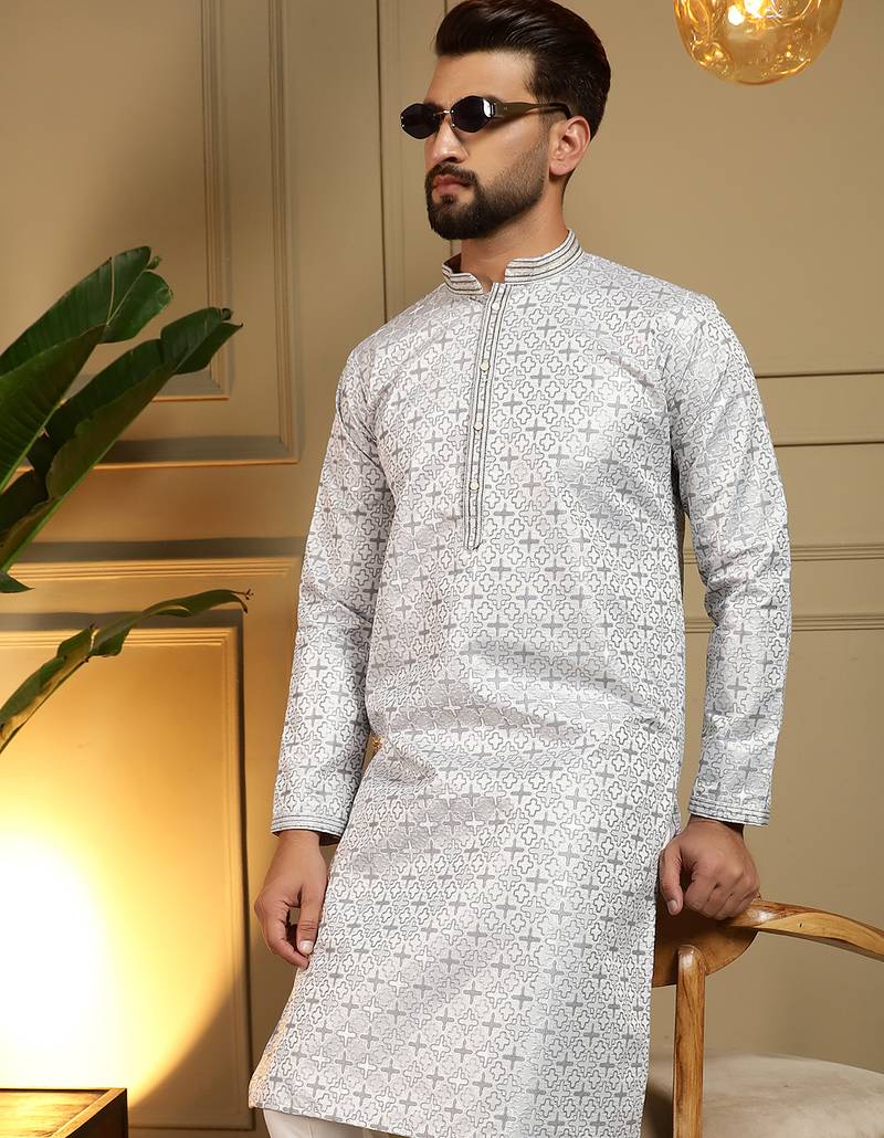 Grey geometric jacquard silk kurta pyjama set for men | designer kurta for men