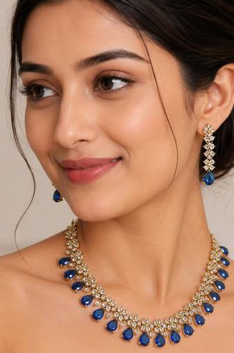 Blue ad stone & agate stone necklace set with earrings, antique gold plated