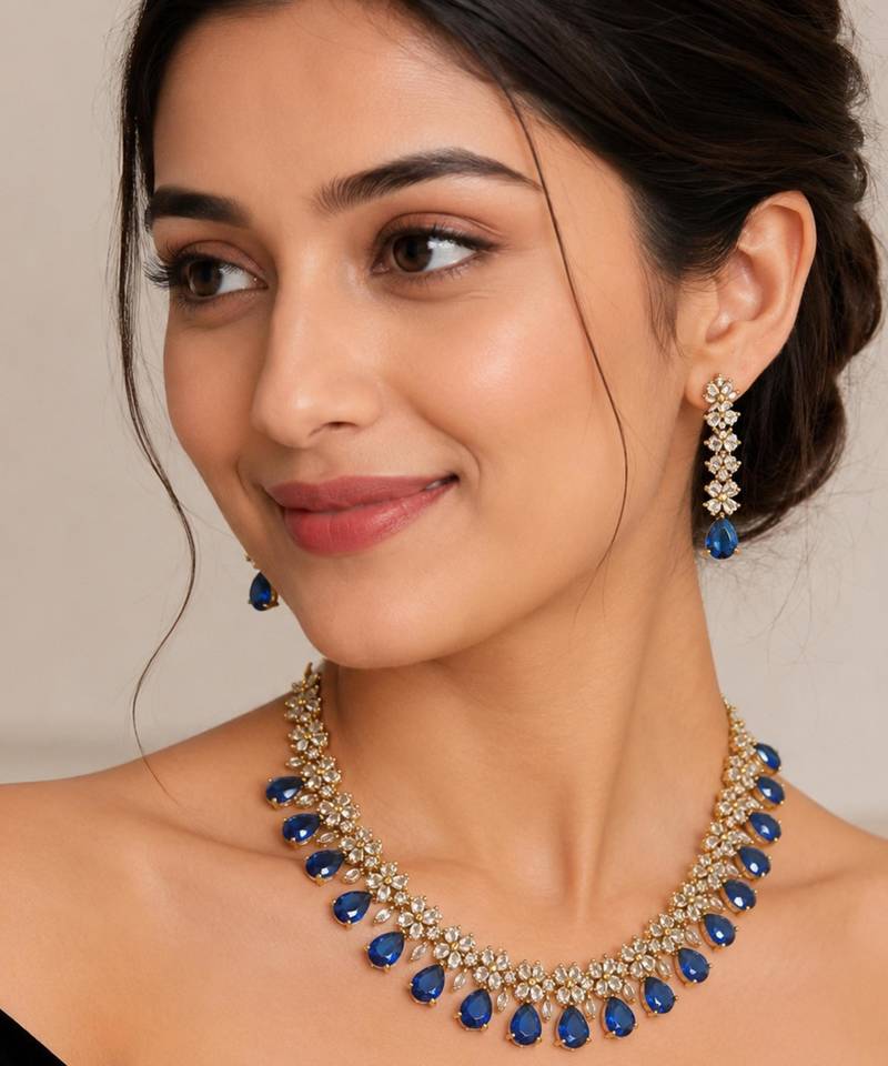 Blue ad stone & agate stone necklace set with earrings, antique gold plated