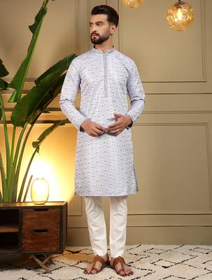 Blue geometric jacquard silk kurta pyjama set for men | designer kurta for men 2