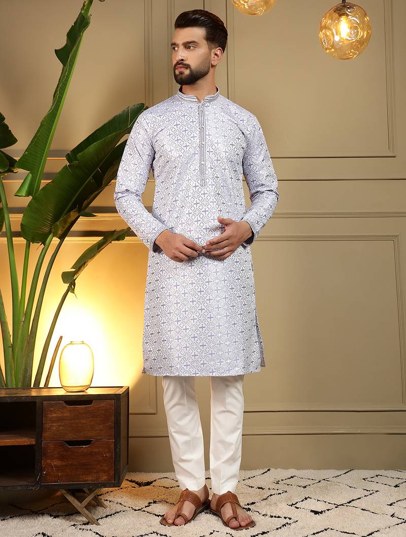 Blue geometric jacquard silk kurta pyjama set for men | designer kurta for men