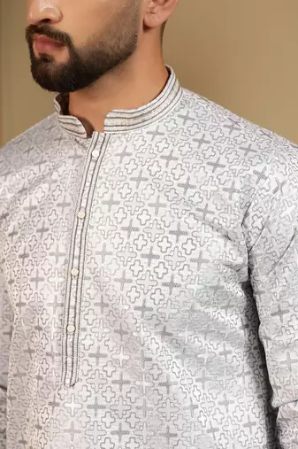 Grey geometric jacquard silk kurta pyjama set for men | designer kurta for men