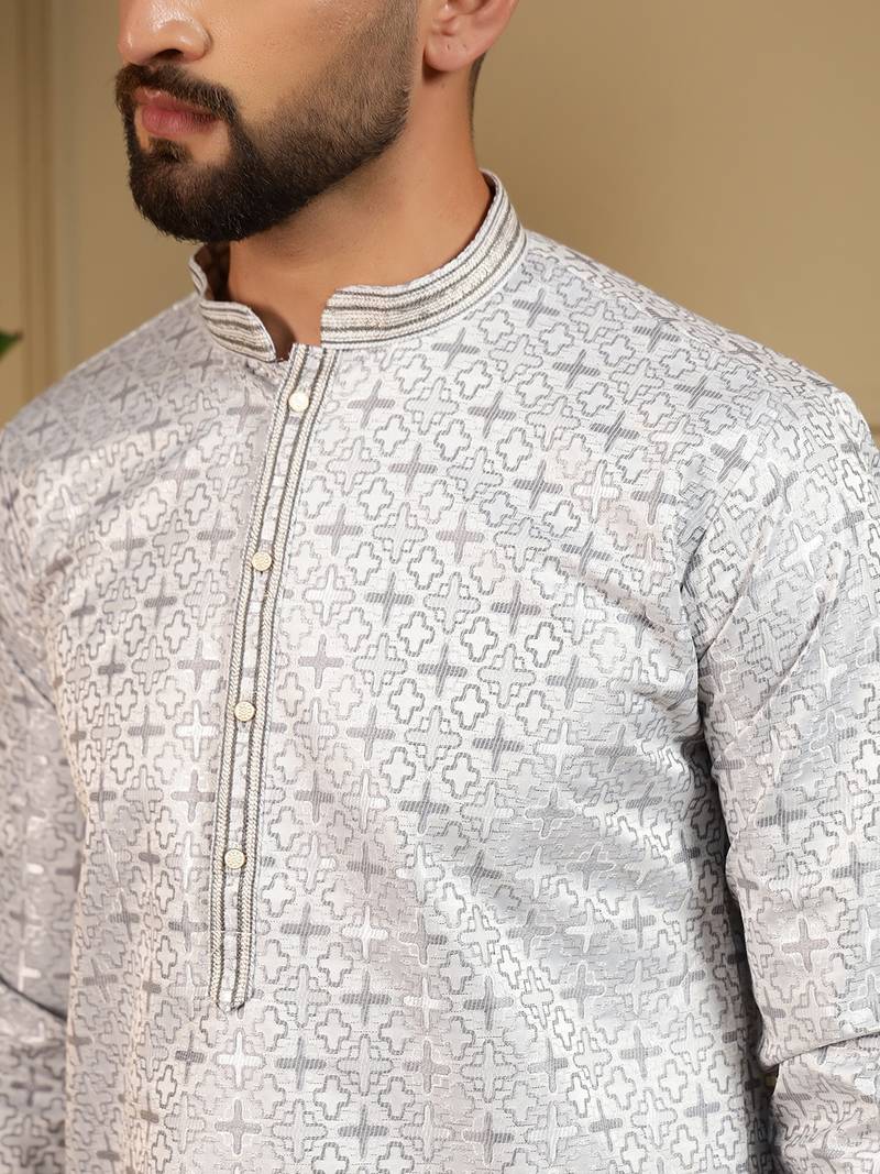 Grey geometric jacquard silk kurta pyjama set for men | designer kurta for men