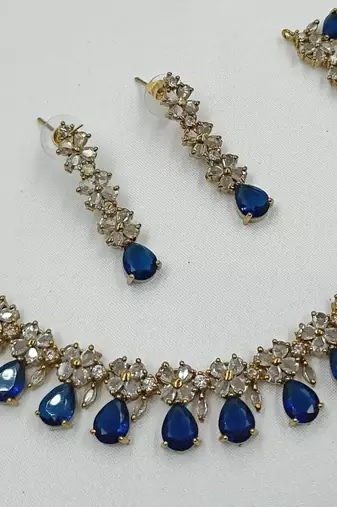 Blue ad stone & agate stone necklace set with earrings, antique gold plated