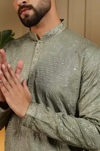 Green sequence floral silk kurta pyjama set for men | designer kurta for men