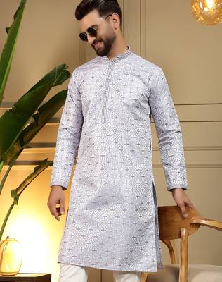 Blue geometric jacquard silk kurta pyjama set for men | designer kurta for men 4