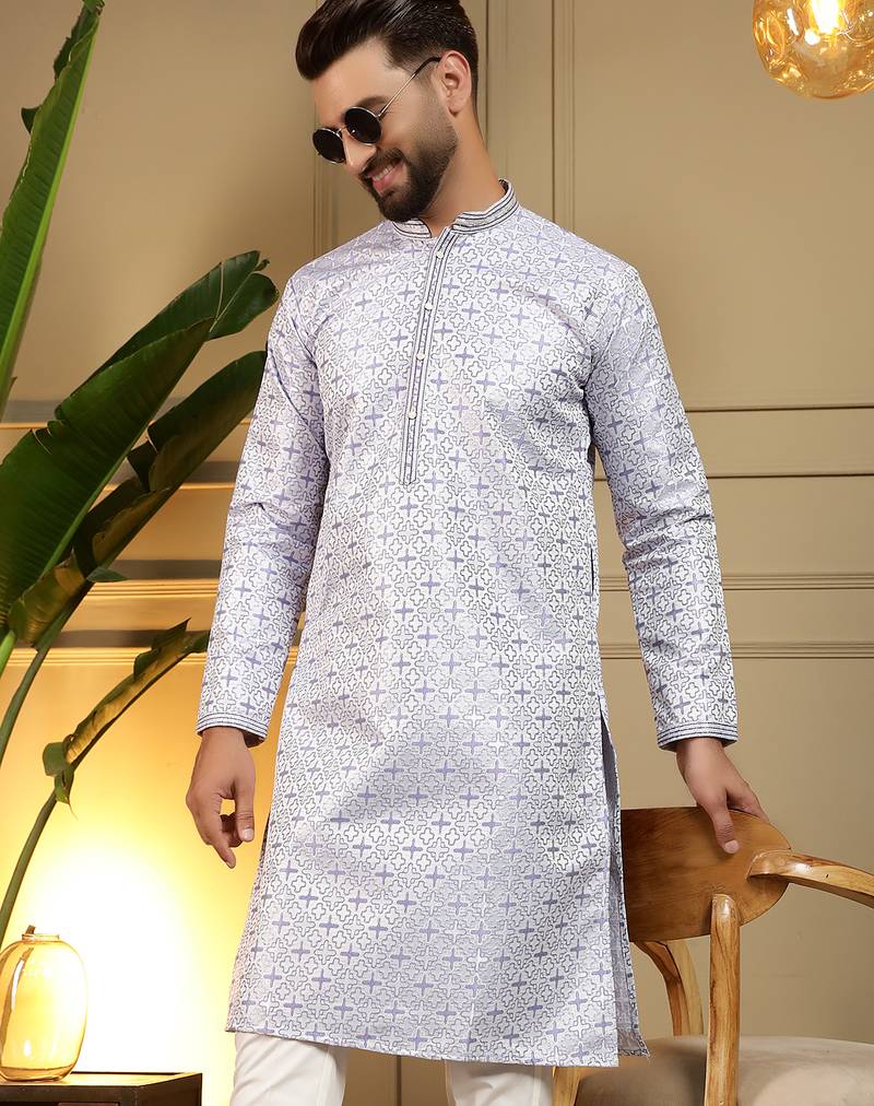 Blue geometric jacquard silk kurta pyjama set for men | designer kurta for men