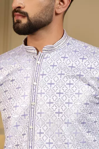Blue geometric jacquard silk kurta pyjama set for men | designer kurta for men