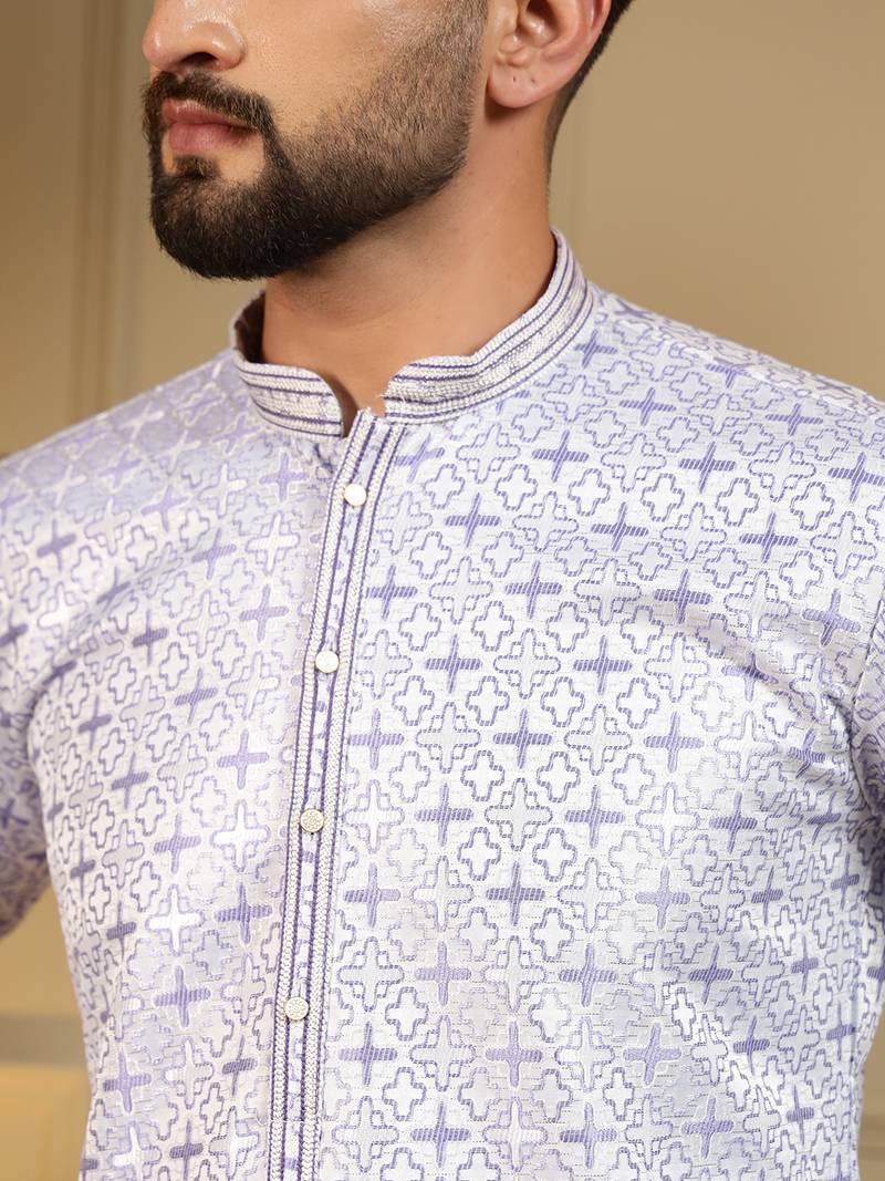Blue geometric jacquard silk kurta pyjama set for men | designer kurta for men