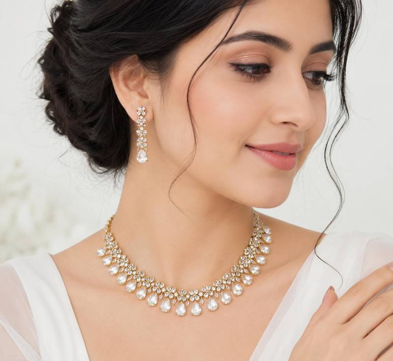 White ad stone & agate stone necklace set with earrings, antique gold plated